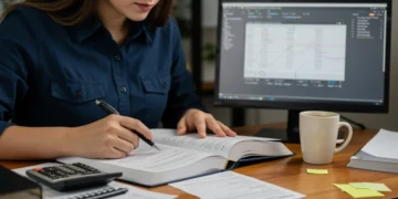 Estudante focado em livros e computador, preparando-se para concursos da área fiscal no Brasil.