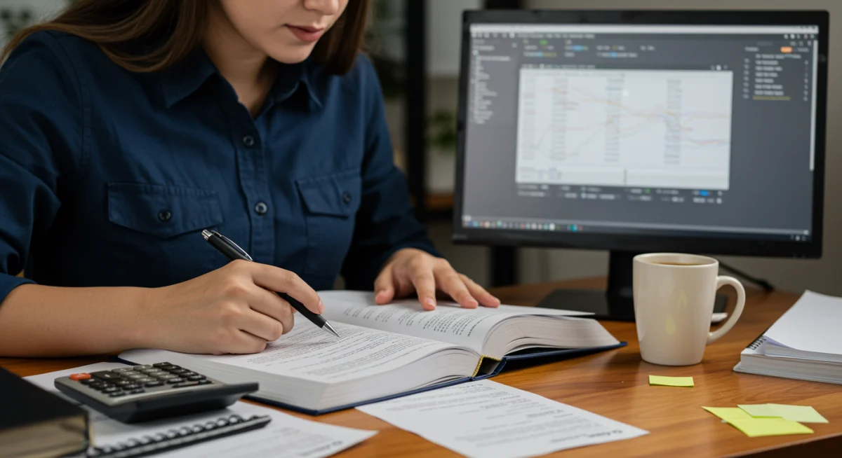 Estudante focado em livros e computador, preparando-se para concursos da área fiscal no Brasil.