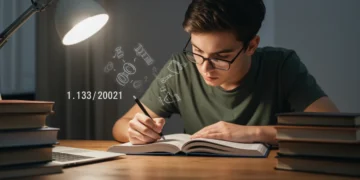 Estudante focado em preparação para concursos públicos 2025, com livros e computador, simbolizando a Nova Lei de Licitações.