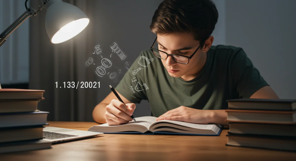 Estudante focado em preparação para concursos públicos 2025, com livros e computador, simbolizando a Nova Lei de Licitações.