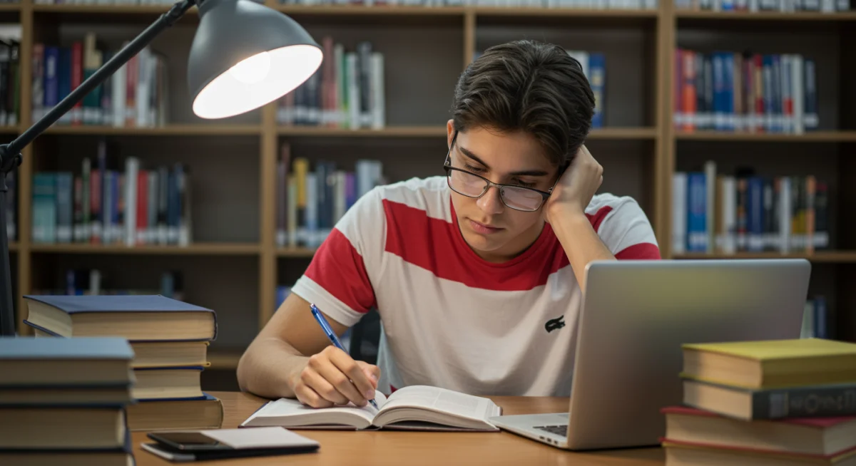 Jovem estudante brasileiro concentrado em uma biblioteca, cercado por livros e um laptop, simbolizando dedicação aos estudos e busca por excelência acadêmica.