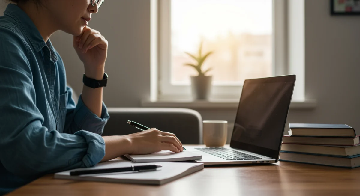 Pessoa estudando online em casa com laptop e livros, focada no aprendizado EAD.