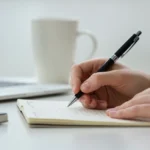 Mão de estudante escrevendo em caderno com laptop ao fundo, simbolizando bolsas de estudo remanescentes e oportunidades educacionais.
