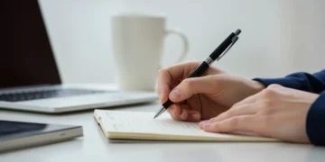 Mão de estudante escrevendo em caderno com laptop ao fundo, simbolizando bolsas de estudo remanescentes e oportunidades educacionais.