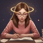 Jovem estudante focada em livros para concurso público, com expressão serena e determinada, simbolizando inteligência emocional.