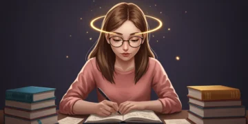 Jovem estudante focada em livros para concurso público, com expressão serena e determinada, simbolizando inteligência emocional.