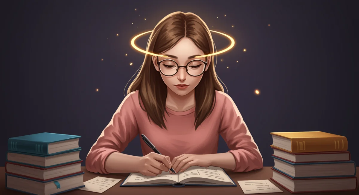 Jovem estudante focada em livros para concurso público, com expressão serena e determinada, simbolizando inteligência emocional.