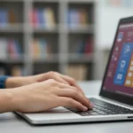 Estudante focado preenchendo formulário de inscrição para cursos técnicos gratuitos em notebook.