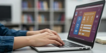 Estudante focado preenchendo formulário de inscrição para cursos técnicos gratuitos em notebook.