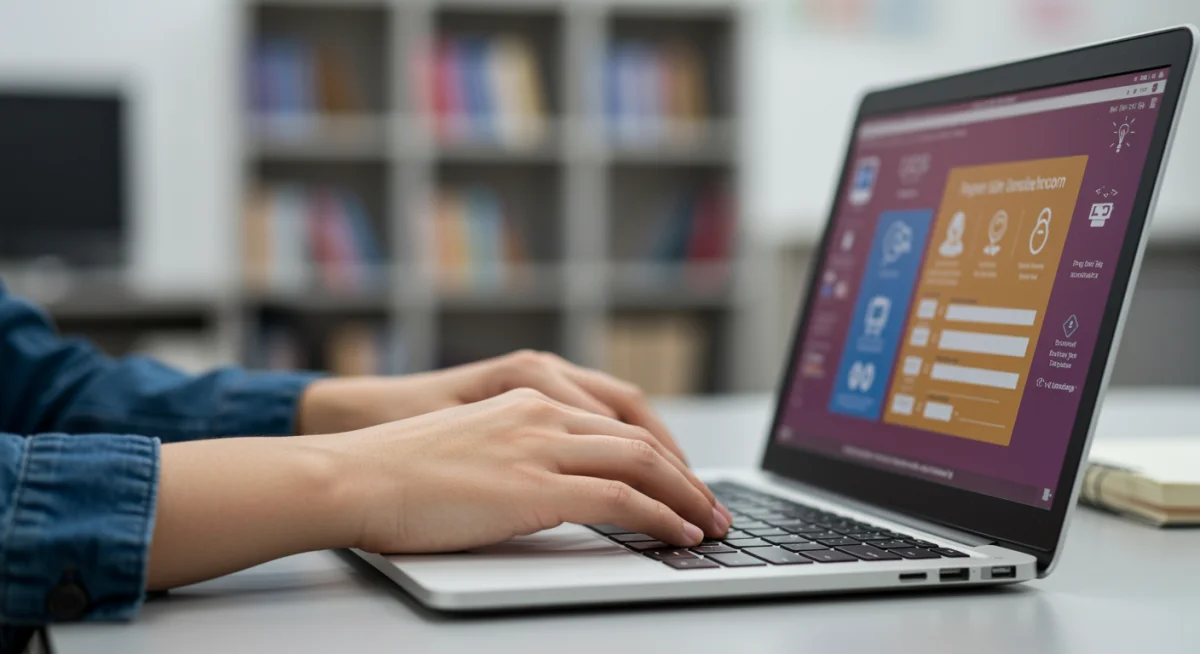 Estudante focado preenchendo formulário de inscrição para cursos técnicos gratuitos em notebook.