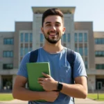 Estudante sorridente com livro em frente a uma instituição federal, representando o futuro promissor com técnico gratuito.