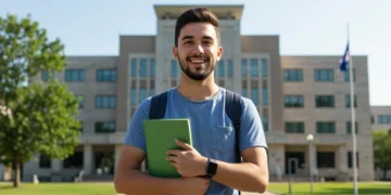 Estudante sorridente com livro em frente a uma instituição federal, representando o futuro promissor com técnico gratuito.