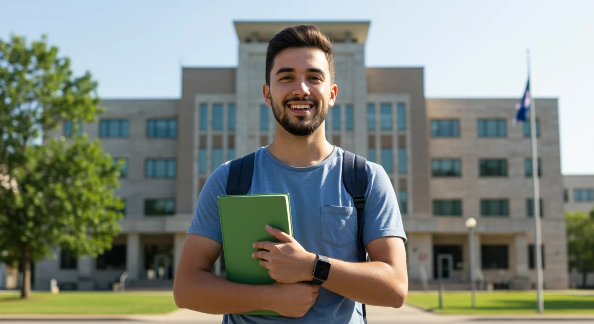 Estudante sorridente com livro em frente a uma instituição federal, representando o futuro promissor com técnico gratuito.