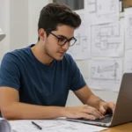 Estudante brasileiro focado montando portfólio em curso técnico gratuito, com laptop e projetos visíveis.
