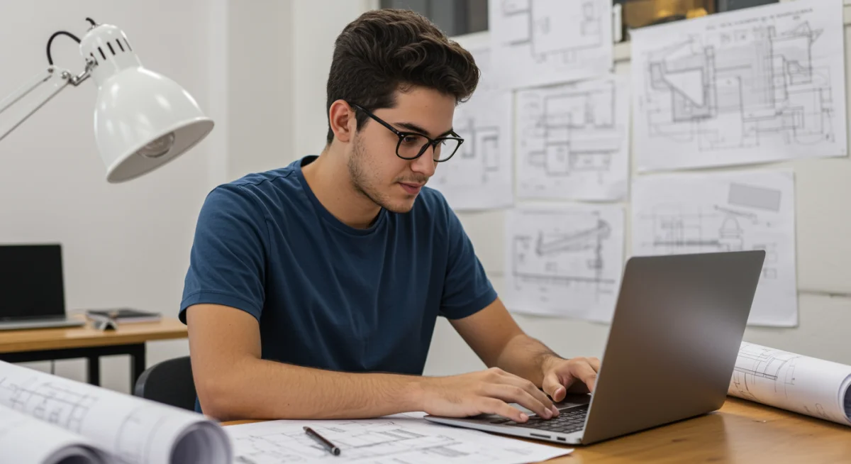 Estudante brasileiro focado montando portfólio em curso técnico gratuito, com laptop e projetos visíveis.