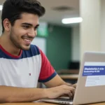 Estudante brasileiro pesquisando sobre bolsas de estudo integrais para 2025 em um computador.
