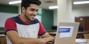 Estudante brasileiro pesquisando sobre bolsas de estudo integrais para 2025 em um computador.