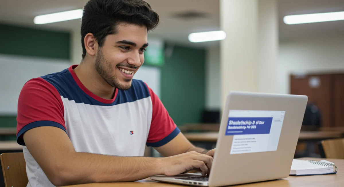 Estudante brasileiro pesquisando sobre bolsas de estudo integrais para 2025 em um computador.