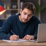 Estudante focado se preparando para concursos públicos de 2025 com livros e tecnologia.
