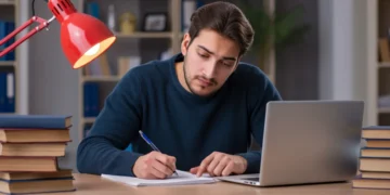 Estudante focado se preparando para concursos públicos de 2025 com livros e tecnologia.
