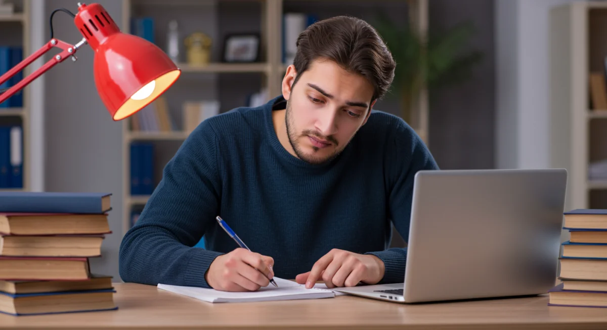 Estudante focado se preparando para concursos públicos de 2025 com livros e tecnologia.