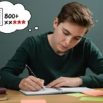 Estudante concentrada escrevendo, com livros e anotações, visualizando uma pontuação alta na redação do ENEM.