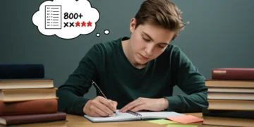 Estudante concentrada escrevendo, com livros e anotações, visualizando uma pontuação alta na redação do ENEM.