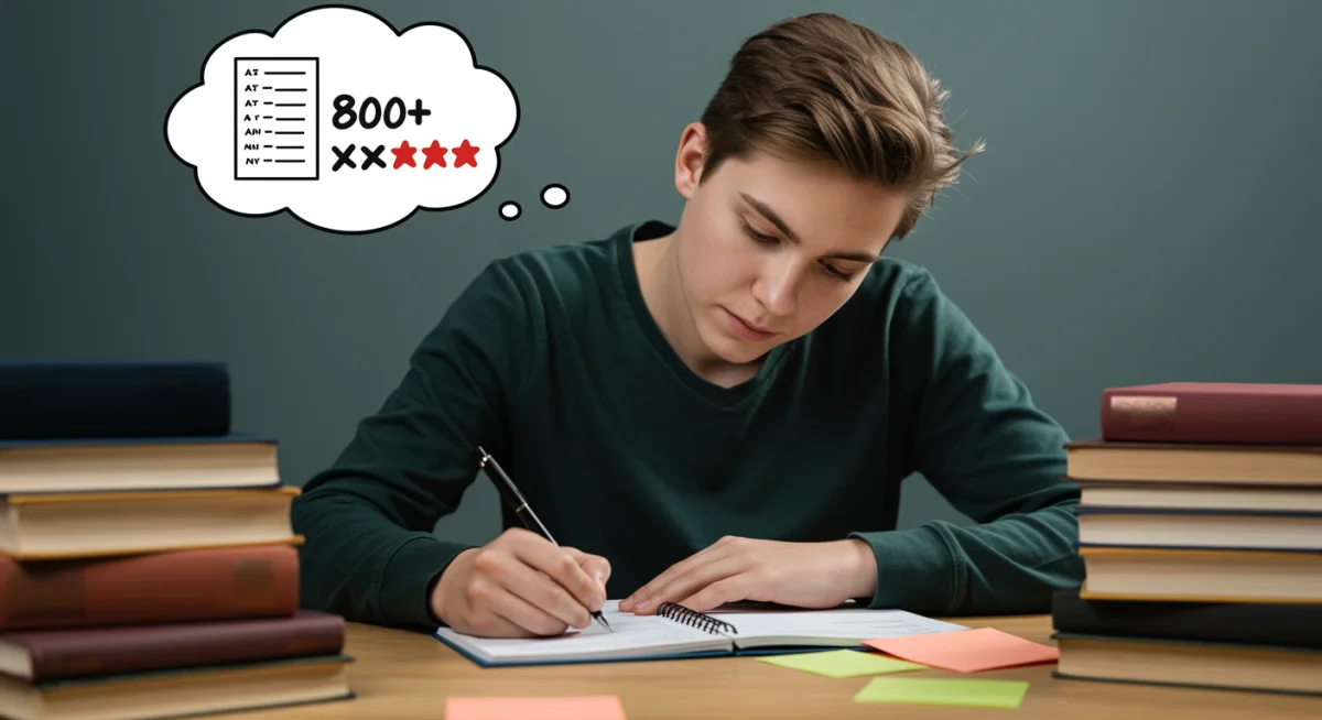 Estudante concentrada escrevendo, com livros e anotações, visualizando uma pontuação alta na redação do ENEM.