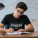 Estudante focado revisando simulado ENEM 2025 em uma mesa com livros e anotações.