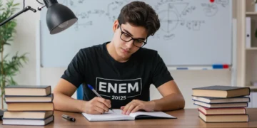 Estudante focado revisando simulado ENEM 2025 em uma mesa com livros e anotações.