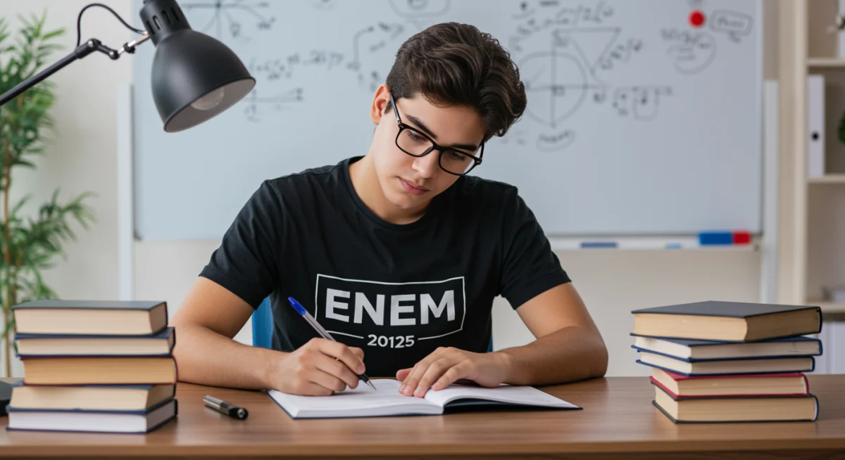 Estudante focado revisando simulado ENEM 2025 em uma mesa com livros e anotações.