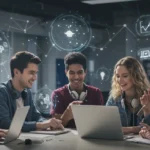 Estudantes diversos utilizando computadores e tablets em um ambiente de aprendizado moderno, simbolizando acesso a bolsas de estudo em tecnologia.