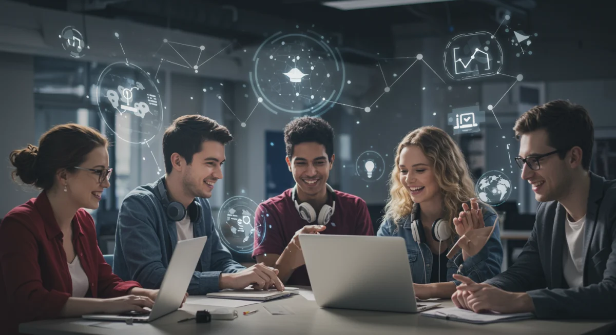 Estudantes diversos utilizando computadores e tablets em um ambiente de aprendizado moderno, simbolizando acesso a bolsas de estudo em tecnologia.