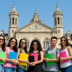 Estudantes brasileiros sorrindo em frente a uma universidade europeia, simbolizando sucesso em bolsas de estudo no exterior.