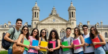Estudantes brasileiros sorrindo em frente a uma universidade europeia, simbolizando sucesso em bolsas de estudo no exterior.