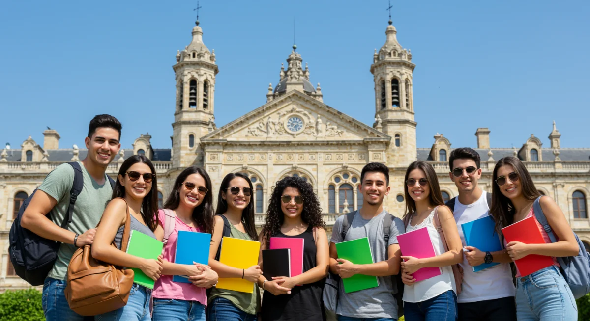 Estudantes brasileiros sorrindo em frente a uma universidade europeia, simbolizando sucesso em bolsas de estudo no exterior.