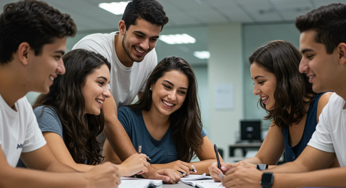 Grupo de estudantes colaborando em um projeto acadêmico, representando o sucesso com bolsas de estudo.