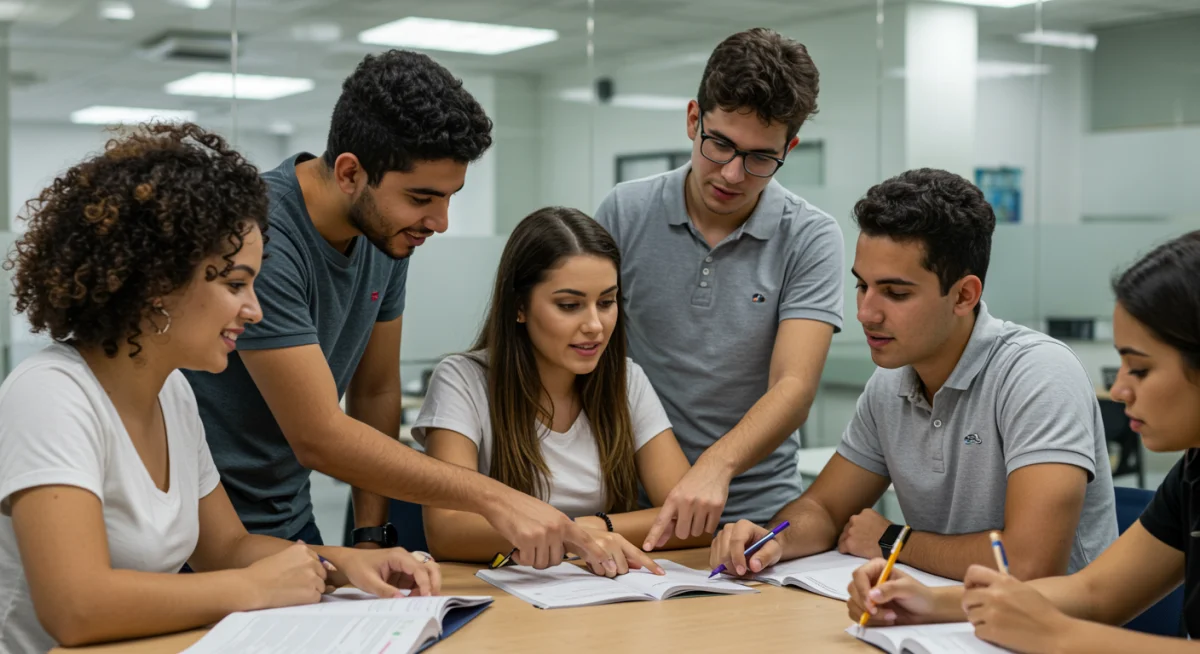 Grupo de estudantes brasileiros discutindo estratégias para simulado ENEM.