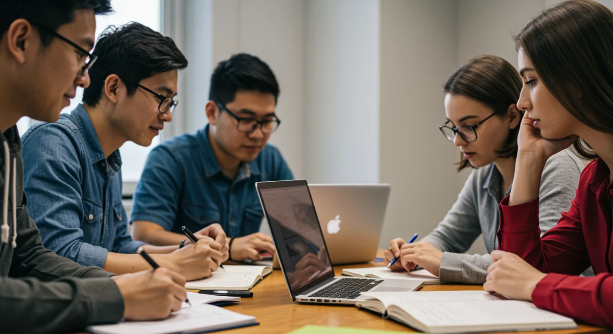 Grupo de estudantes discutindo temas atuais para a redação do ENEM em um ambiente de estudo colaborativo.