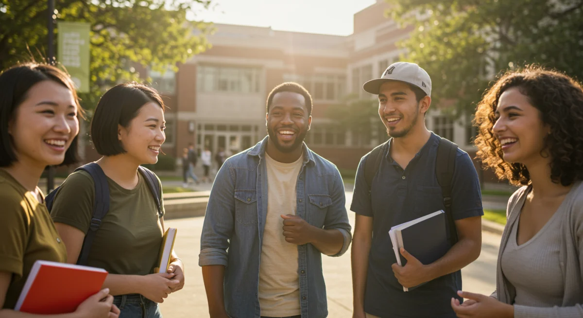 Grupo de estudantes diversos em campus universitário, simbolizando o sucesso e a inclusão através de bolsas de estudo.