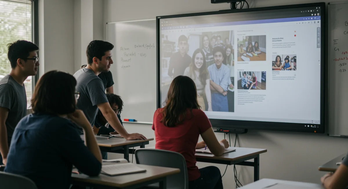 Estudantes em sala de aula interativa, adaptando-se às novas metodologias de certificação profissional.