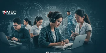 Estudantes diversos em laboratório moderno, representando as novas habilitações técnicas gratuitas do MEC para 2025.