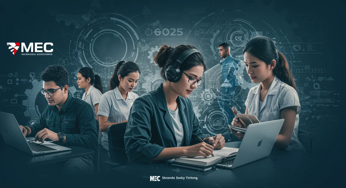 Estudantes diversos em laboratório moderno, representando as novas habilitações técnicas gratuitas do MEC para 2025.