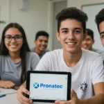 Jovens estudantes brasileiros participando de um curso técnico gratuito do Pronatec 2025, focados em aprender e construir um futuro melhor.