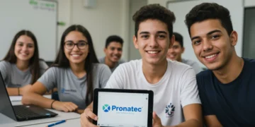 Jovens estudantes brasileiros participando de um curso técnico gratuito do Pronatec 2025, focados em aprender e construir um futuro melhor.