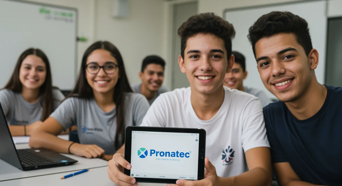 Jovens estudantes brasileiros participando de um curso técnico gratuito do Pronatec 2025, focados em aprender e construir um futuro melhor.