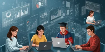 Estudantes aprendendo em um ambiente tecnológico, simbolizando cursos técnicos gratuitos em TI com alta empregabilidade.