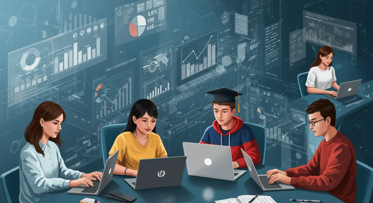 Estudantes aprendendo em um ambiente tecnológico, simbolizando cursos técnicos gratuitos em TI com alta empregabilidade.