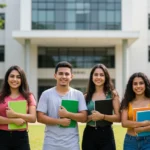 Estudantes brasileiros diversos e sorridentes em frente a uma universidade moderna no Brasil, com livros, simbolizando sucesso acadêmico e oportunidades.