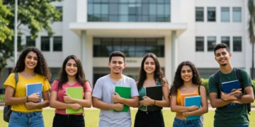Estudantes brasileiros diversos e sorridentes em frente a uma universidade moderna no Brasil, com livros, simbolizando sucesso acadêmico e oportunidades.